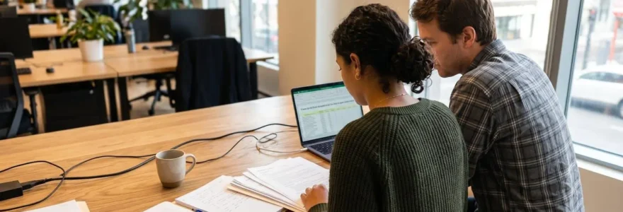 Deux personnes assises de dos à une table de travail dans un bureau lumineux de Montréal, consultant ensemble des documents et un ordinateur portable