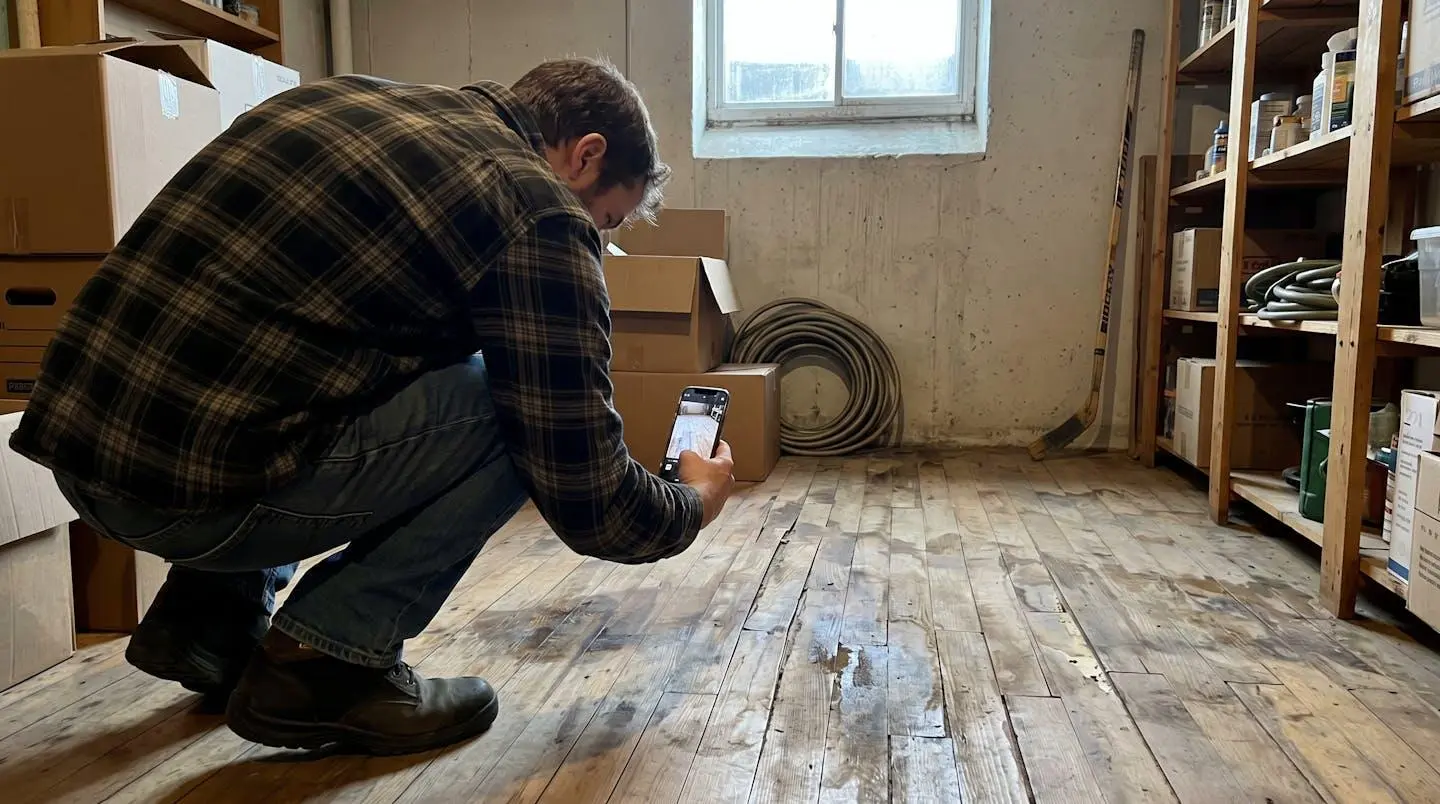 Personne accroupie de dos photographiant avec un smartphone des traces d'humidité et de gondolement sur un plancher de bois dans un sous-sol résidentiel