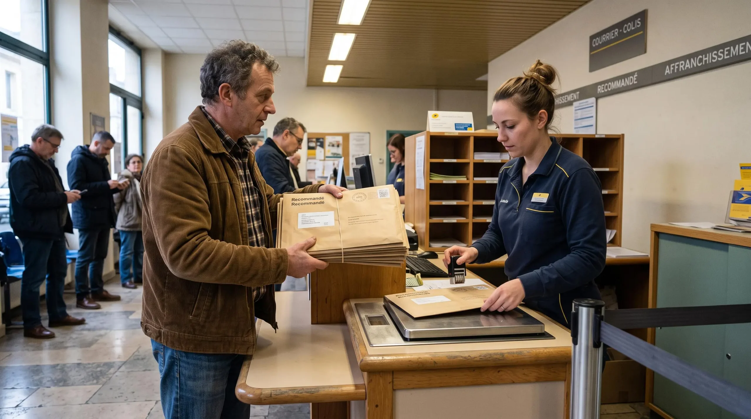 Business owner handing a stack of paper registered letters to a postal clerk at a French post office counter.