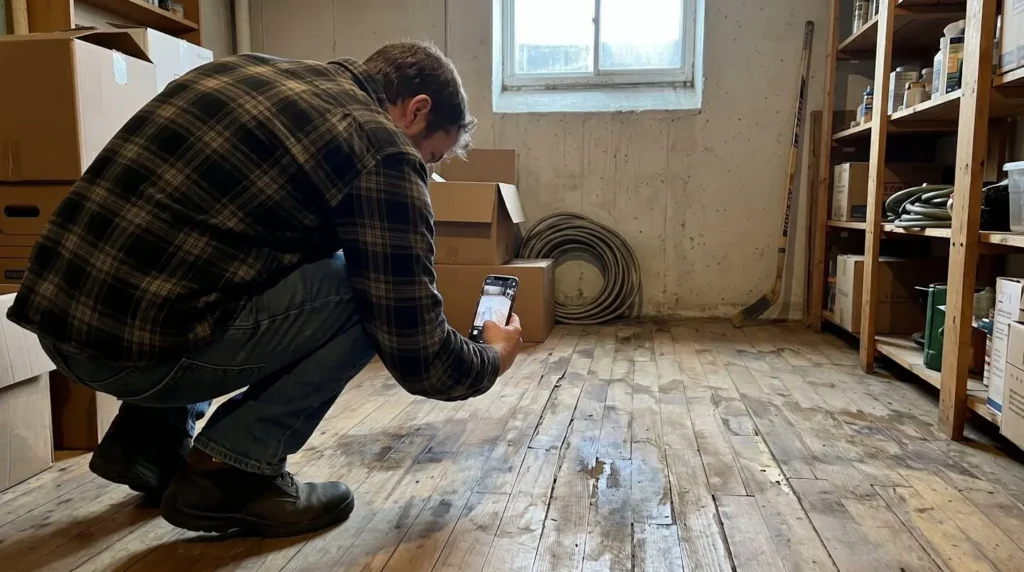 Personne accroupie de dos photographiant avec un smartphone des traces d'humidité et de gondolement sur un plancher de bois dans un sous-sol résidentiel Personne accroupie de dos photographiant avec un smartphone des traces d'humidité et de gondolement sur un plancher de bois dans un sous-sol résidentiel