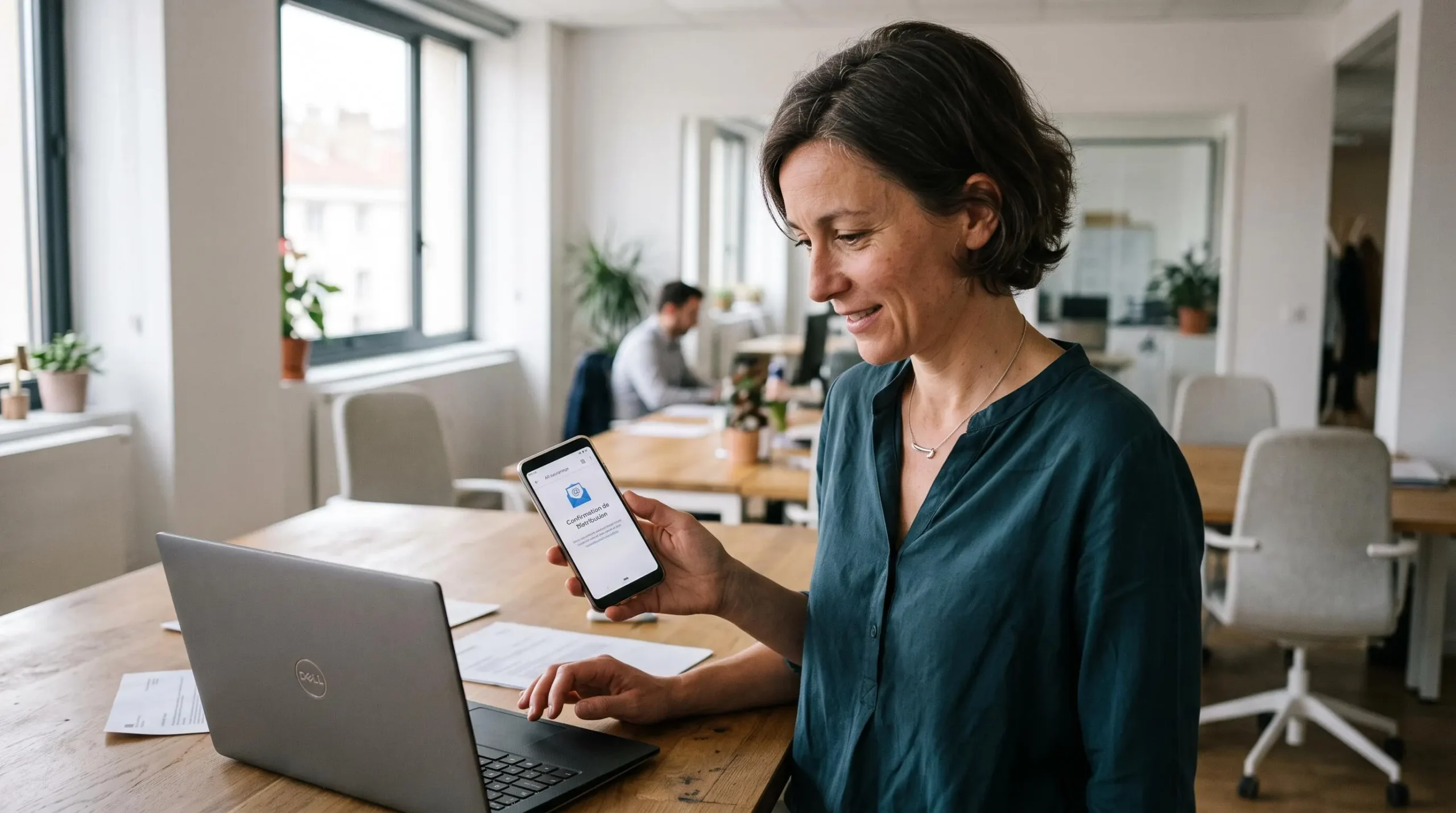 Administrative employee in an office reading a delivery confirmation for an electronic registered letter on her smartphone.