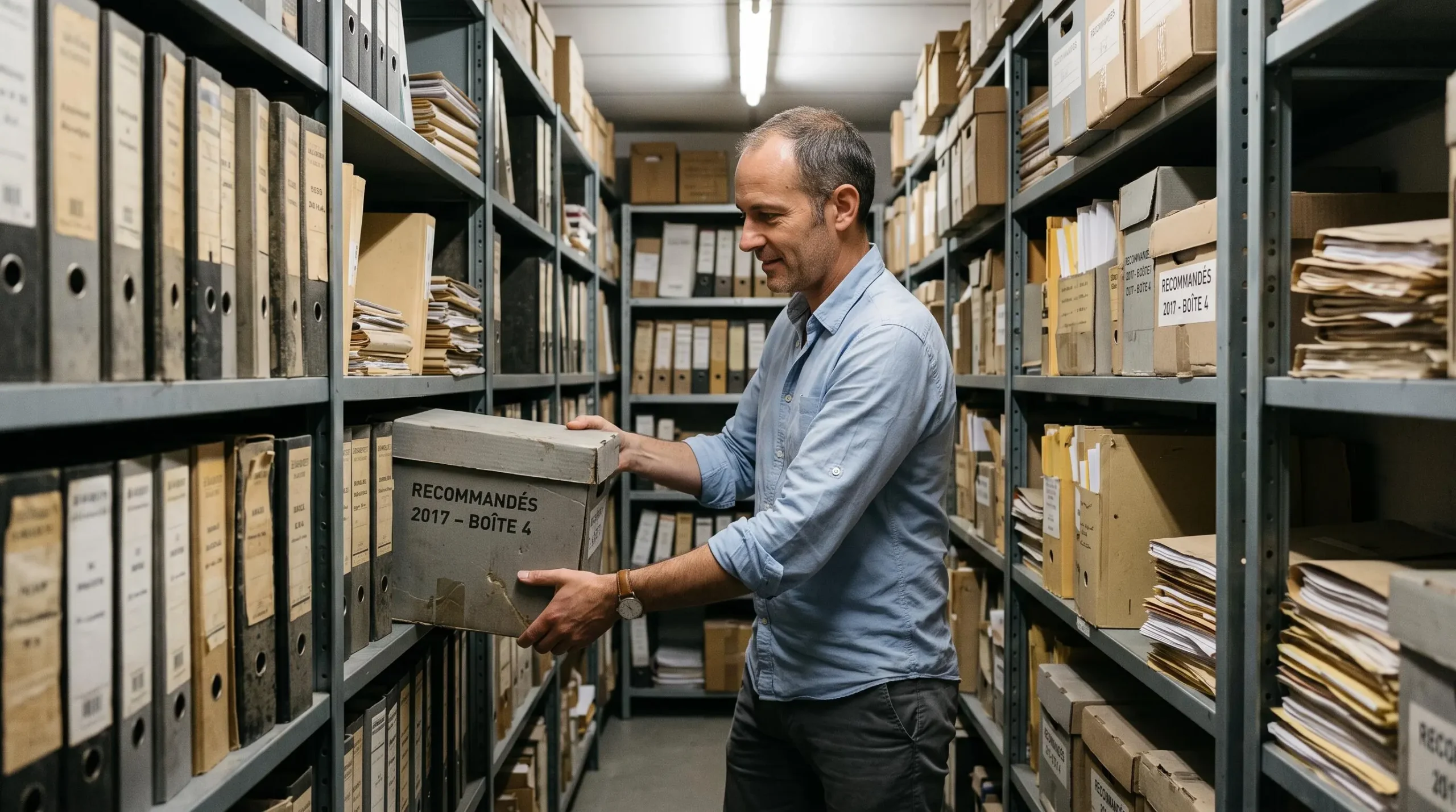 Office manager pulling a heavy archive box from metal shelving filled with binders of paper registered mail receipts in a company archive room.