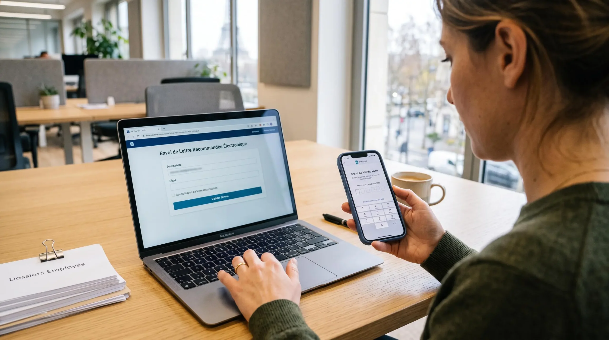 Close-up of an HR professional's hands verifying her identity on a smartphone while sending an electronic registered letter from a laptop.
